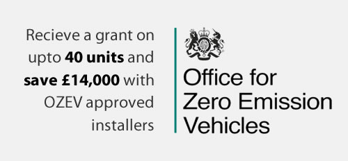 office of zero emmision vehicles logo with text that sais 'recieve a grant on upto 40 units and SAVE £14000 with OZEV Approved Installers ' 