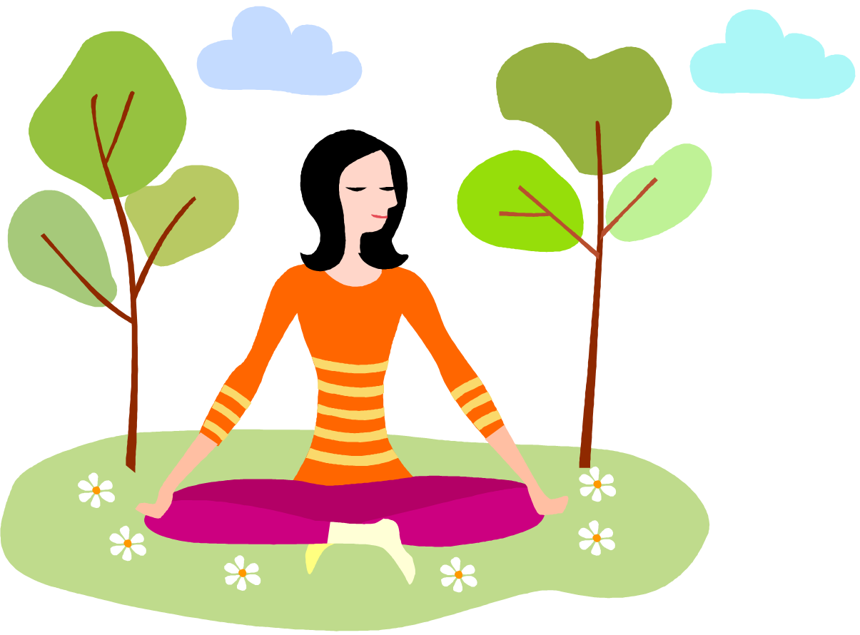 person meditating under trees on grass graphic