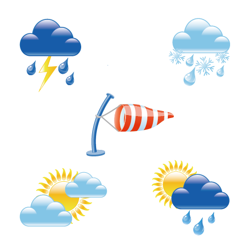 clouds, rain, lightning, wind and sun graphic